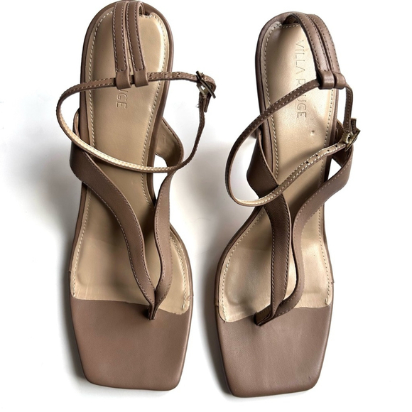 New VILLA ROUGE leather Tan beige Colored heeles Tan Leather Sandals 10 - Picture 1 of 4
